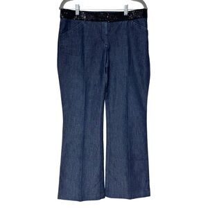 {Express} "Editor" Black Sequin Waist Band Relaxed Bootcut Flare Denim Trousers
